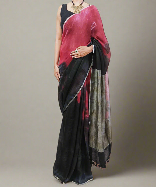 Red and Black Tie and Dye Pure linen saree