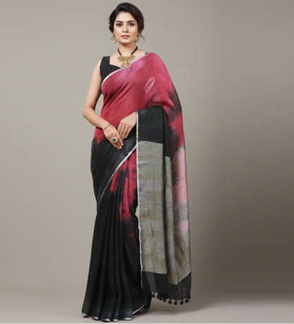 Red and Black Tie and Dye Pure linen saree