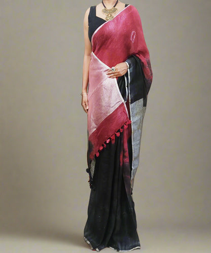 Red and Black Tie and Dye Pure linen saree