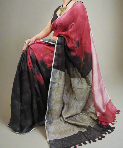Red and Black Tie and Dye Pure linen saree