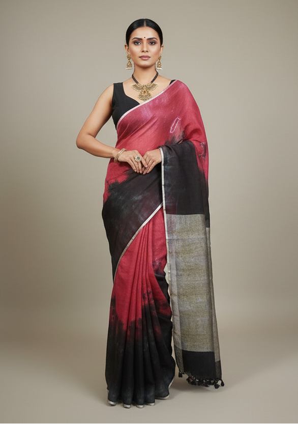 Red and Black Tie and Dye Pure linen saree