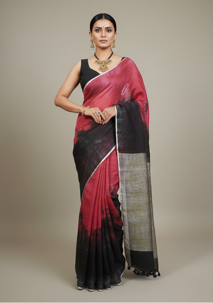 Red and Black Tie and Dye Pure linen saree