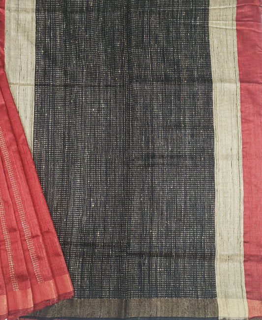 Red and Black Tussar Raw Silk Saree