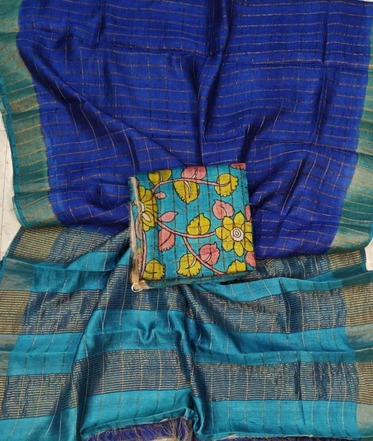 Roya Blue Bishnupuri Checked Zari Tussar Silk Saree |Peepal Clothing