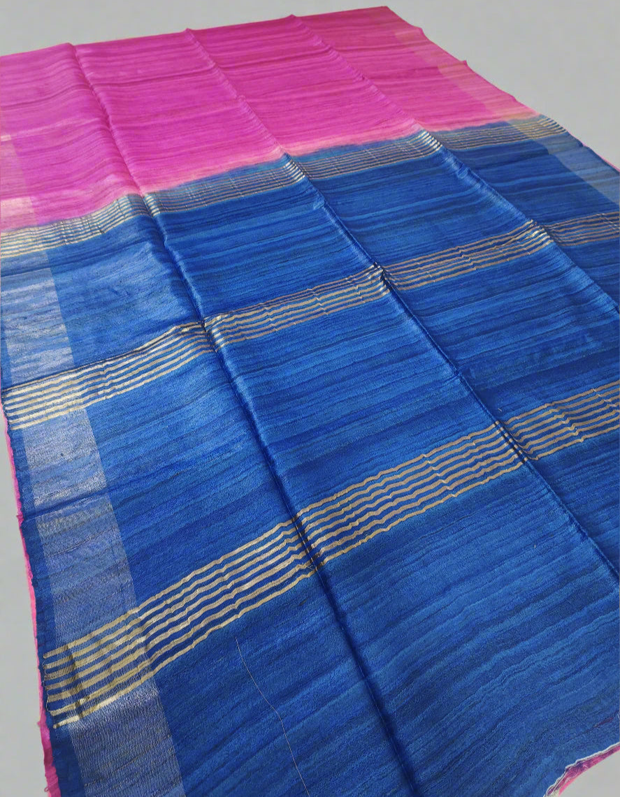 Royal Blue And Magenta Handloom Tussar Ghicha Silk Saree