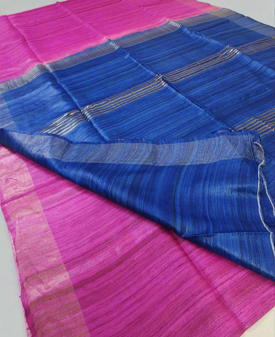 Royal Blue And Magenta Handloom Tussar Ghicha Silk Saree