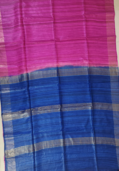 Royal Blue And Magenta Handloom Tussar Ghicha Silk Saree