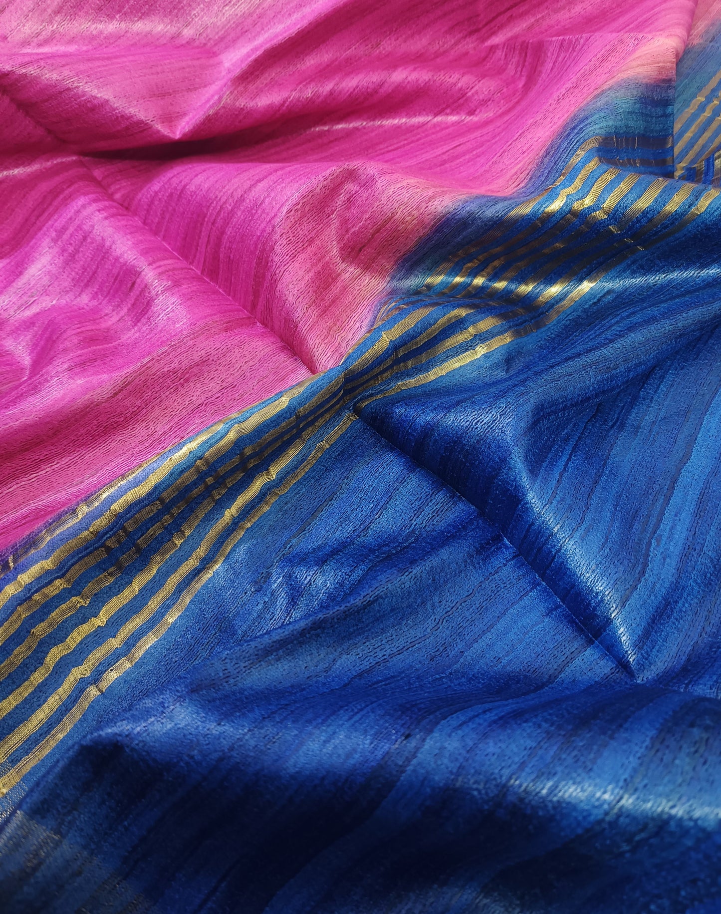 Royal Blue And Magenta Handloom Tussar Ghicha Silk Saree