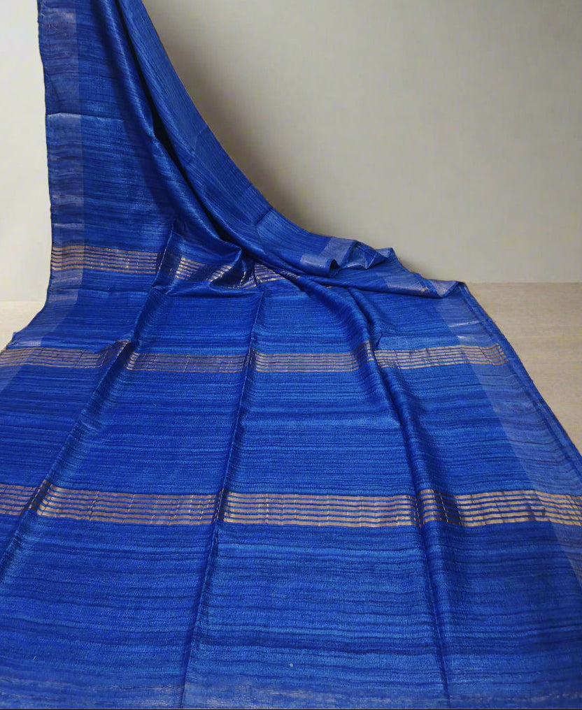 Royal Blue Zari Border Handloon Tussar Ghicha Silk Saree
