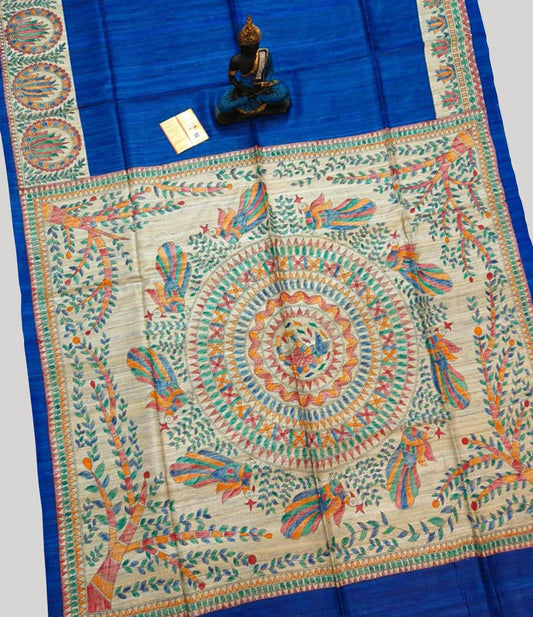 Royal Blue Madhubani Hand Painted Tussar Ghicha Silk Saree | Peepal Clothing