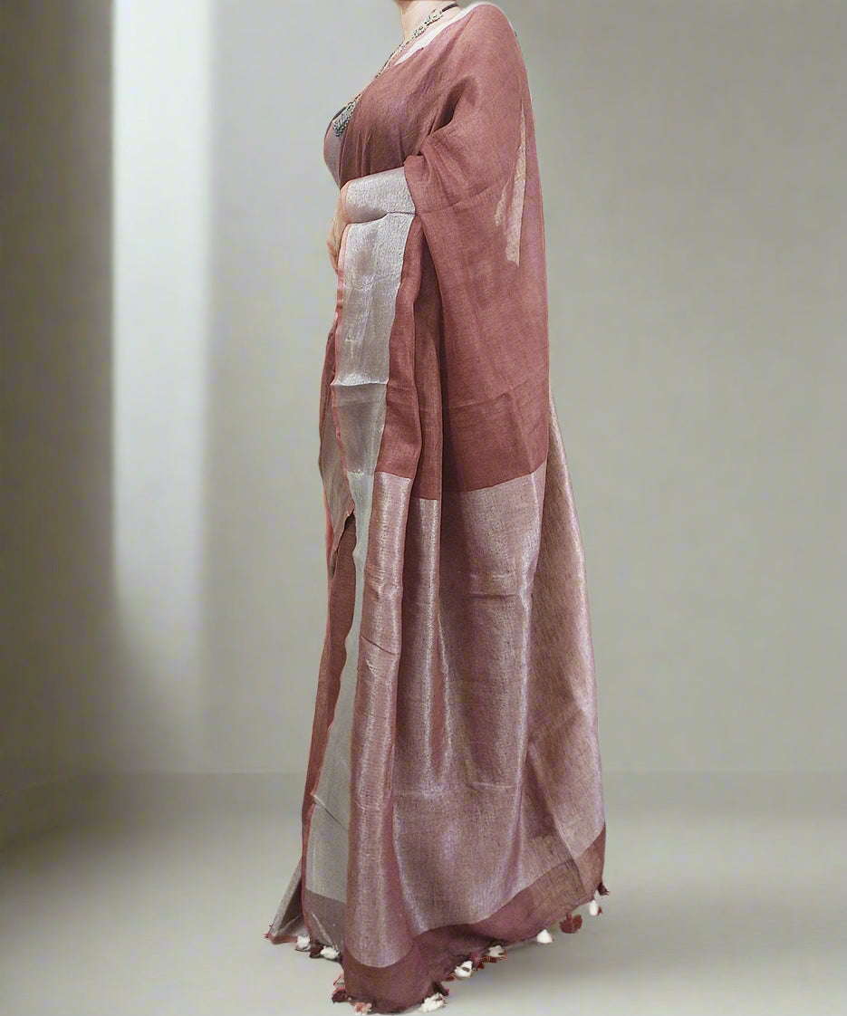 Rust Handloom Pure Linen Saree