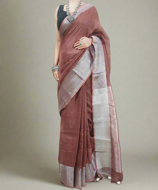Rust Handloom Pure Linen Saree