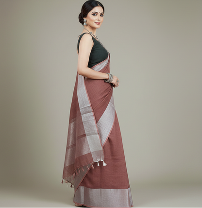 Rust Handloom Pure Linen Saree