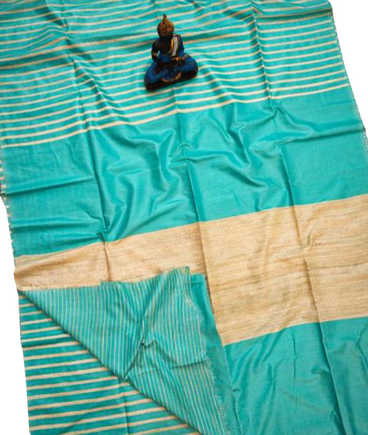 Sea Grean Striped Tusser Ghicha Silk Saree |Peepal Clothing