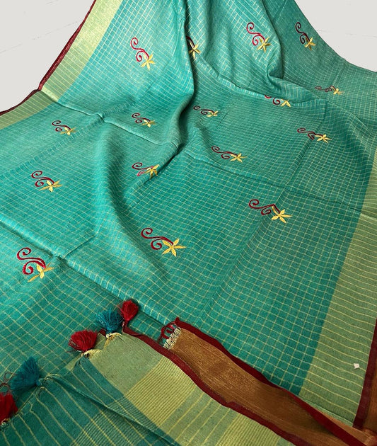 Sea Green Floral Embroidered Linen Saree | Peepal Clothing