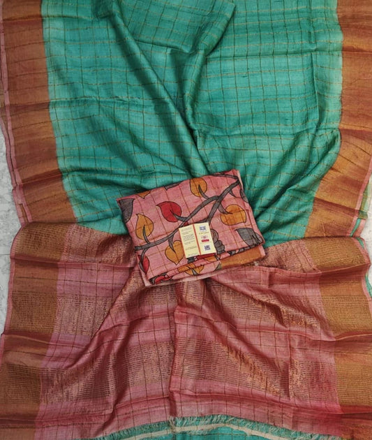 Sea Green and Orange Bishnupuri Checked Zari Tussar Silk Saree |Peepal Clothing