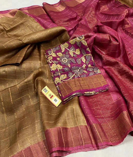 Sepia Bishnupuri Checked Zari Tussar Silk Saree |Peepal Clothing