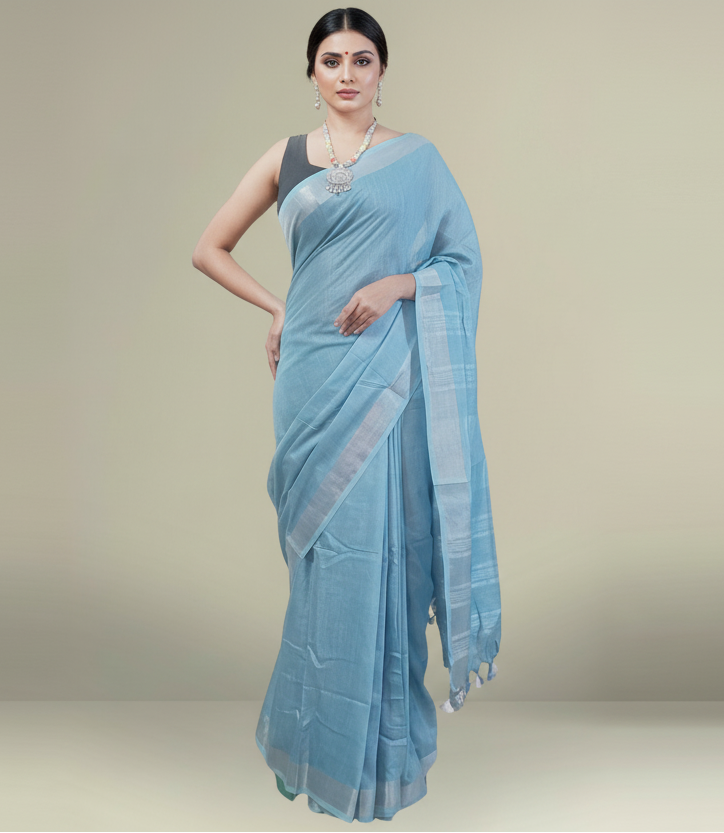 Serene Light Blue Cotton Slub Saree with Elegant Silver Zari Border & Tassels