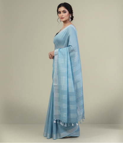 Serene Light Blue Cotton Slub Saree with Elegant Silver Zari Border & Tassels
