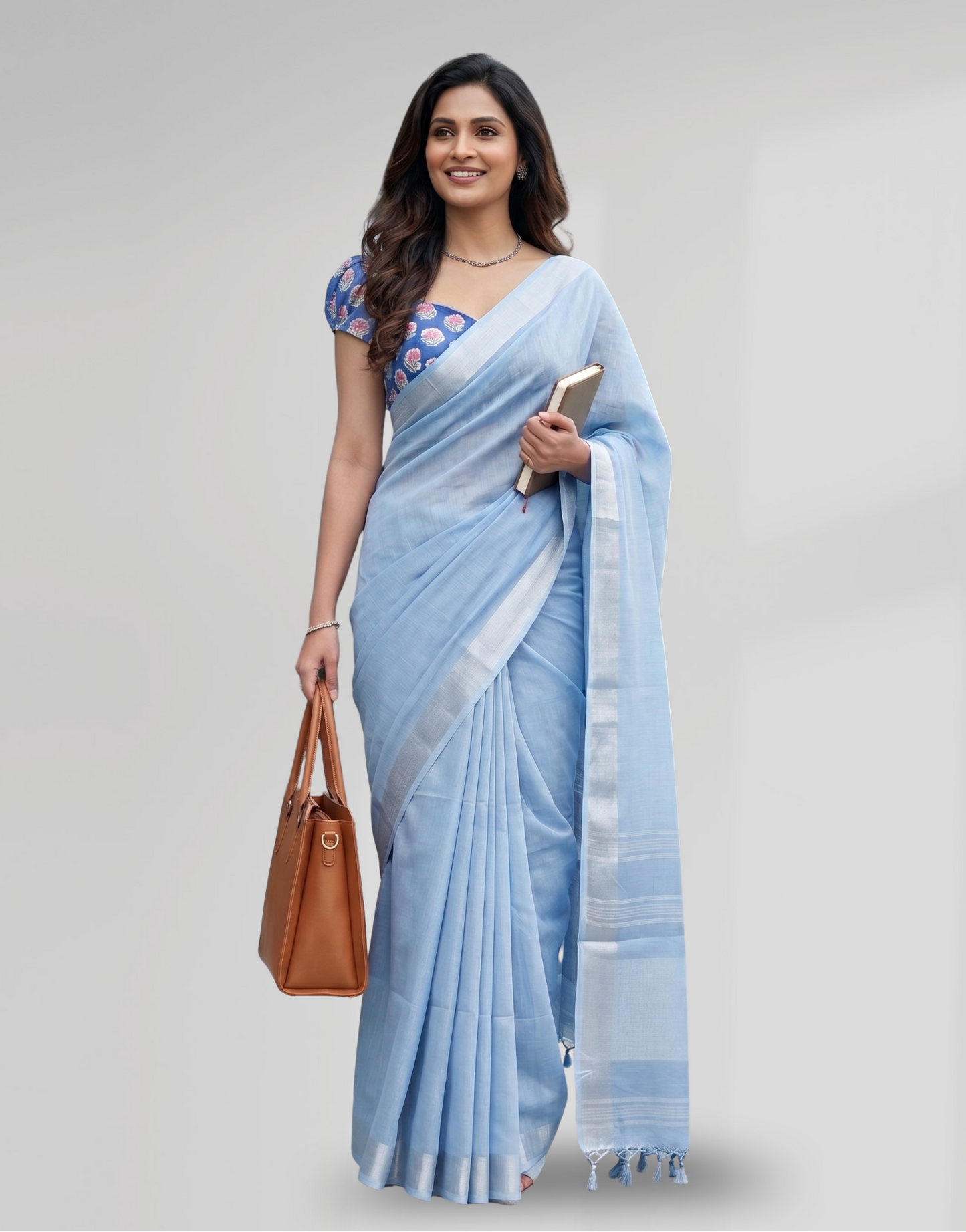 Serene Light Blue Cotton Slub Saree with Elegant Silver Zari Border and Tassels