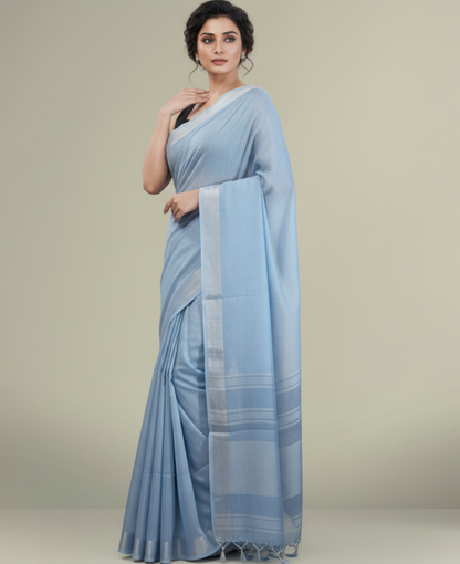 Serene Light Blue Cotton Slub Saree with Elegant Silver Zari Border and Tassels