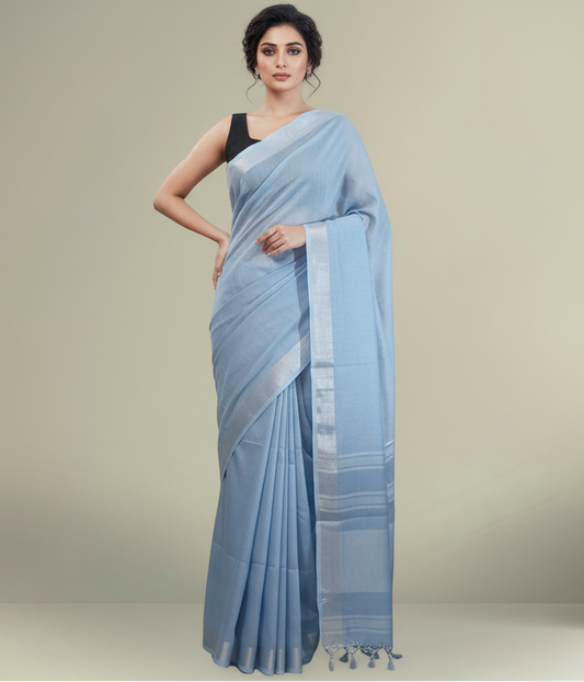 Serene Light Blue Cotton Slub Saree with Elegant Silver Zari Border and Tassels