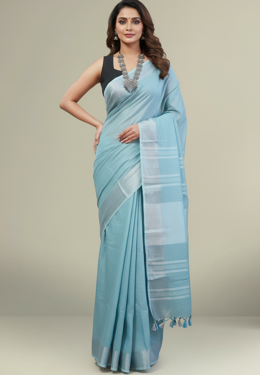 Serene Sky Blue Linen Saree with Classic Silver Zari Border and Tassel Details