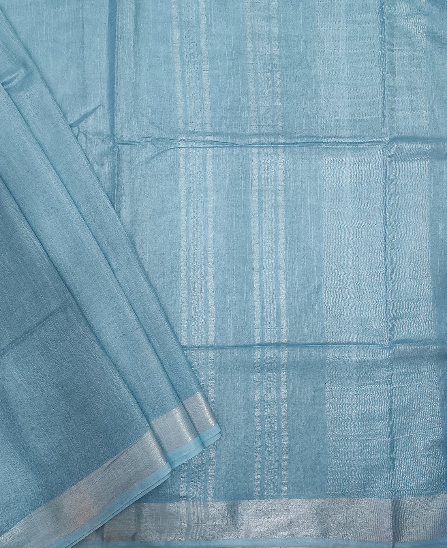 Serene Light Blue Cotton Slub Saree with Elegant Silver Zari Border & Tassels