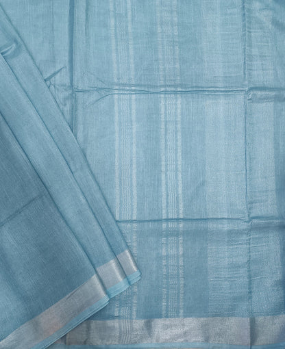 Serene Light Blue Cotton Slub Saree with Elegant Silver Zari Border & Tassels