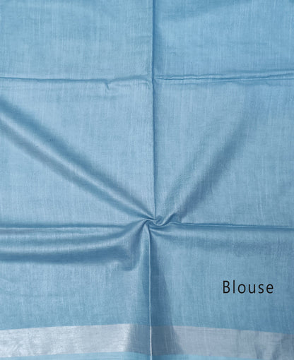 Serene Light Blue Cotton Slub Saree with Elegant Silver Zari Border & Tassels