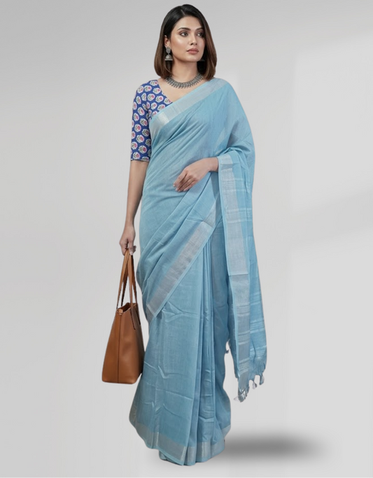 Serene Light Blue Cotton Slub Saree with Elegant Silver Zari Border & Tassels