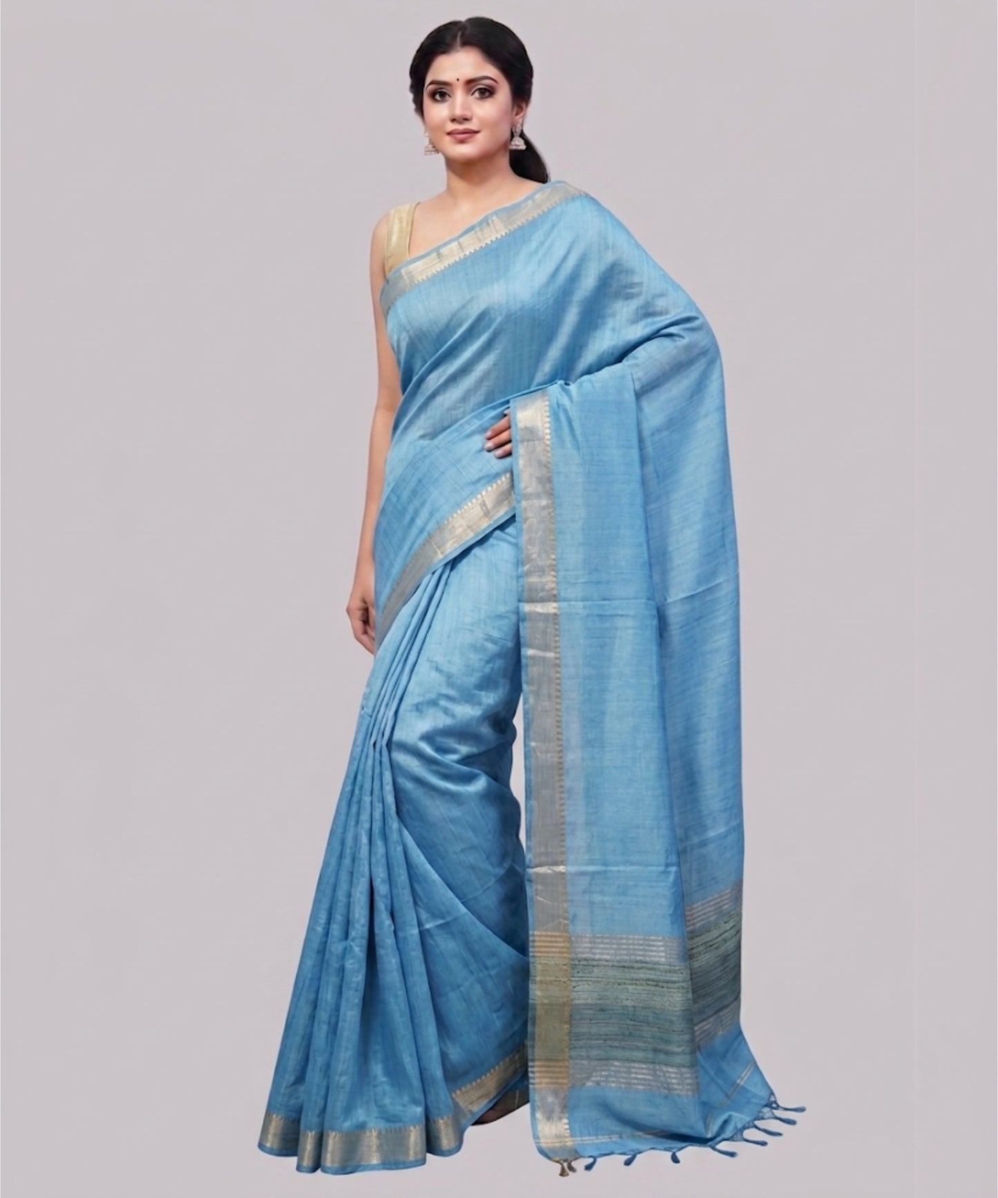 Sky Blue Handloom Tussar Moonga Silk Saree with Antique Gold Temple Zari Border