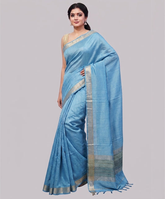 Sky Blue Handloom Tussar Moonga Silk Saree with Antique Gold Temple Zari Border