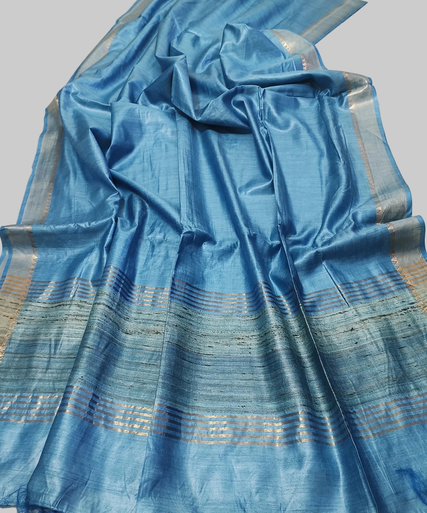 Sky Blue Handloom Tussar Moonga Silk Saree with Antique Gold Temple Zari Border