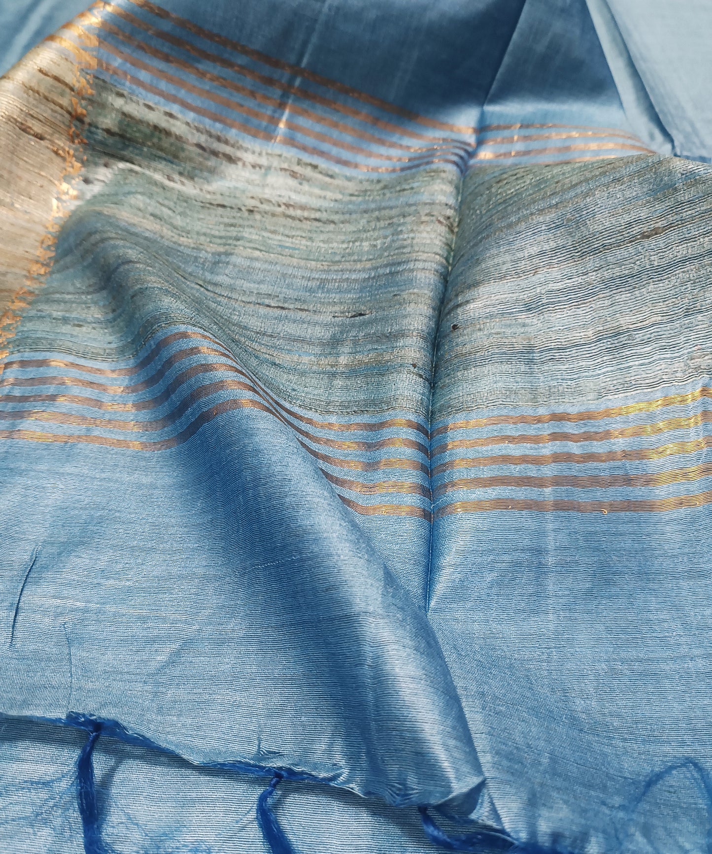 Sky Blue Handloom Tussar Moonga Silk Saree with Antique Gold Temple Zari Border