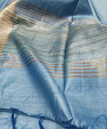 Sky Blue Handloom Tussar Moonga Silk Saree with Antique Gold Temple Zari Border