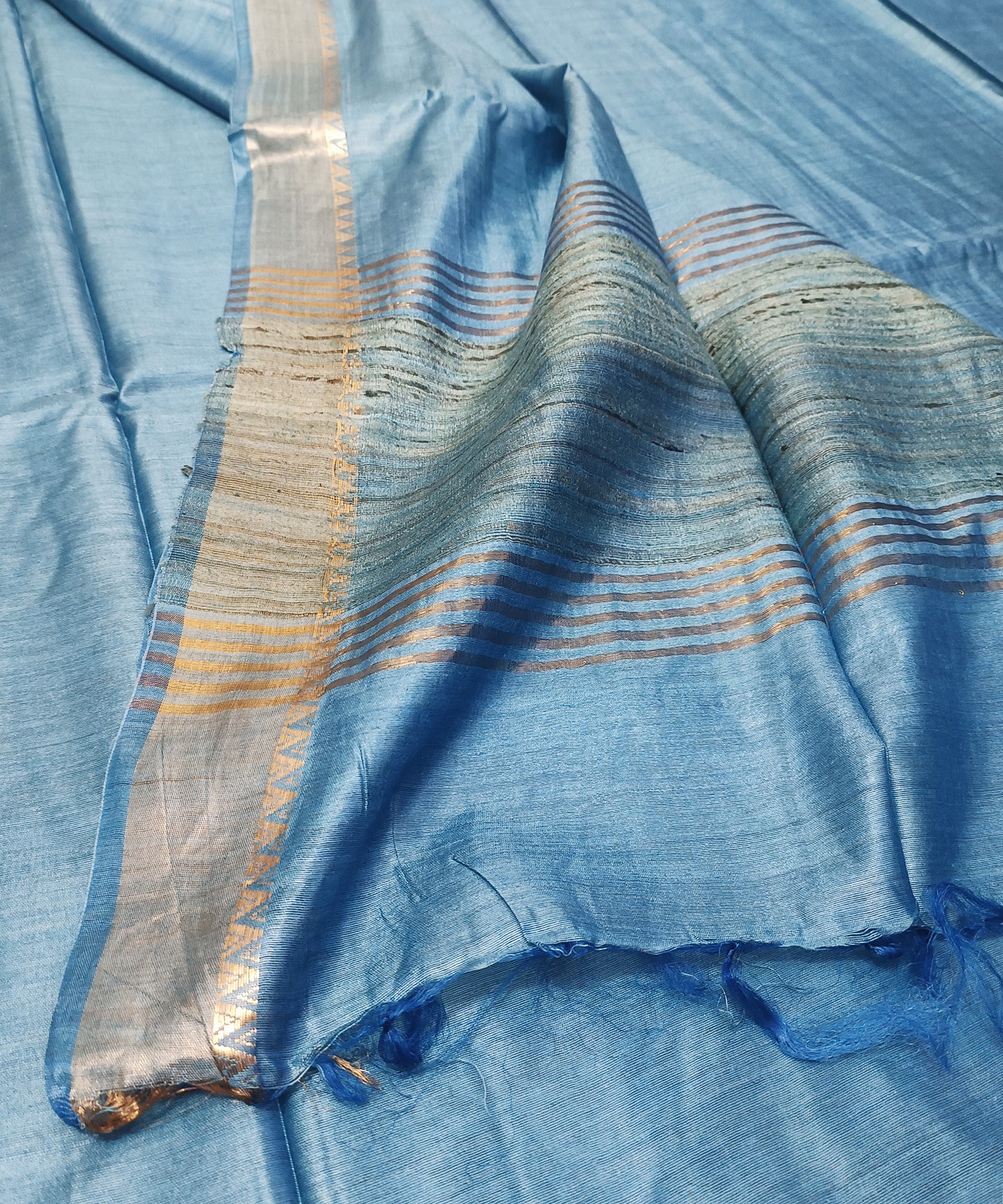 Sky Blue Handloom Tussar Moonga Silk Saree with Antique Gold Temple Zari Border