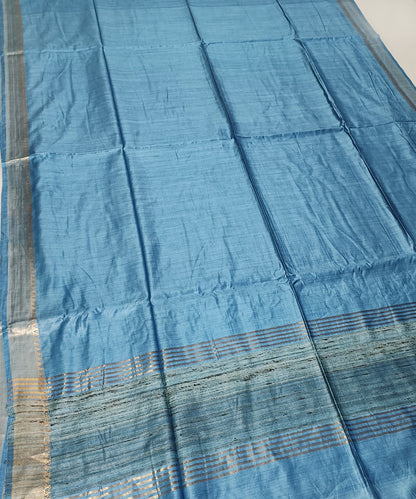 Sky Blue Handloom Tussar Moonga Silk Saree with Antique Gold Temple Zari Border