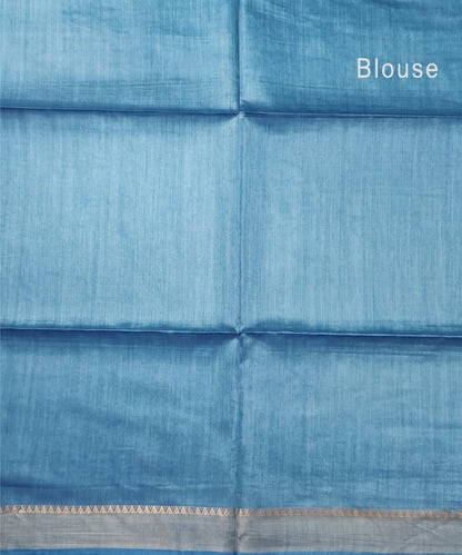 Sky Blue Handloom Tussar Moonga Silk Saree with Antique Gold Temple Zari Border