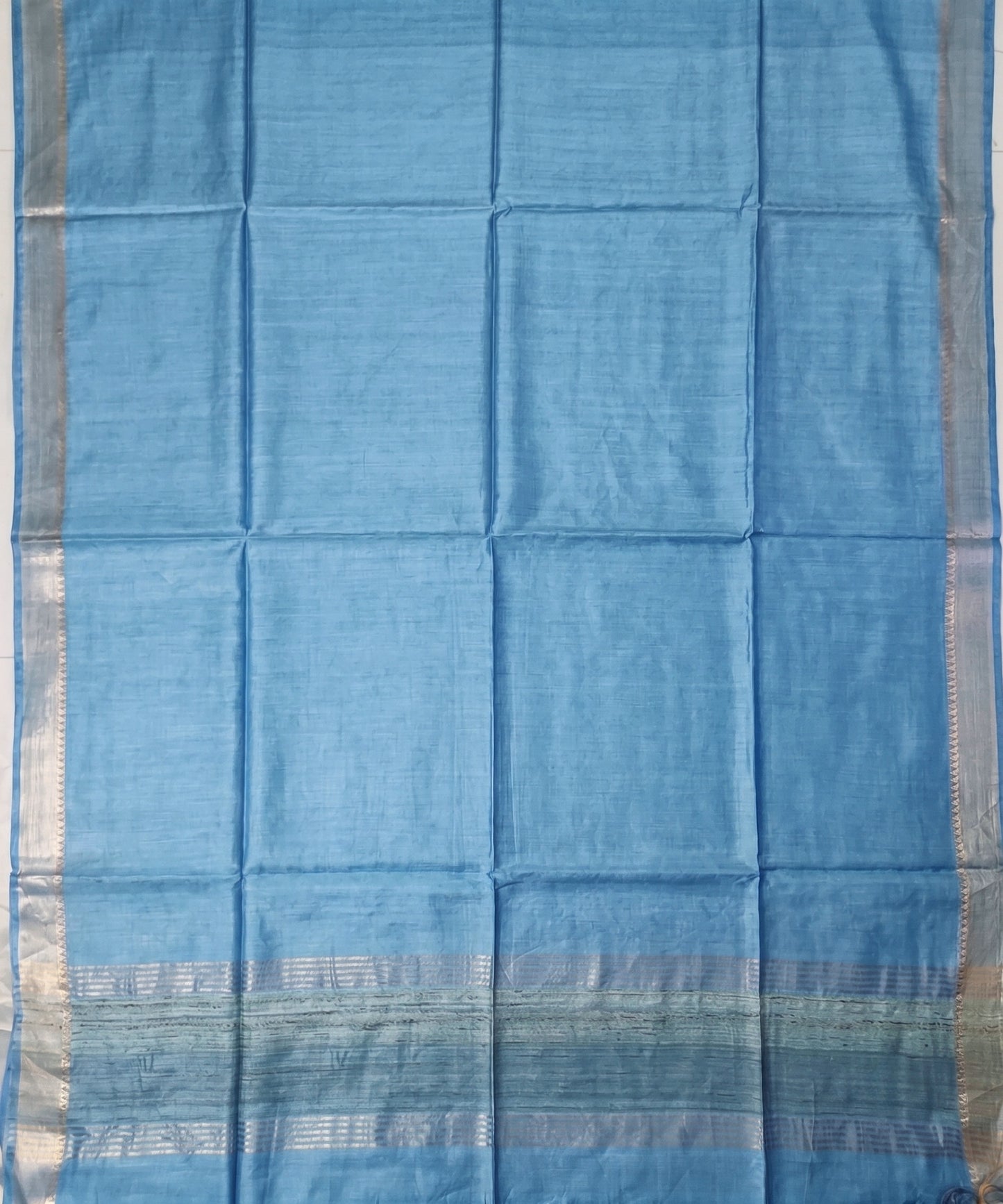 Sky Blue Handloom Tussar Moonga Silk Saree with Antique Gold Temple Zari Border