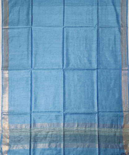 Sky Blue Handloom Tussar Moonga Silk Saree with Antique Gold Temple Zari Border