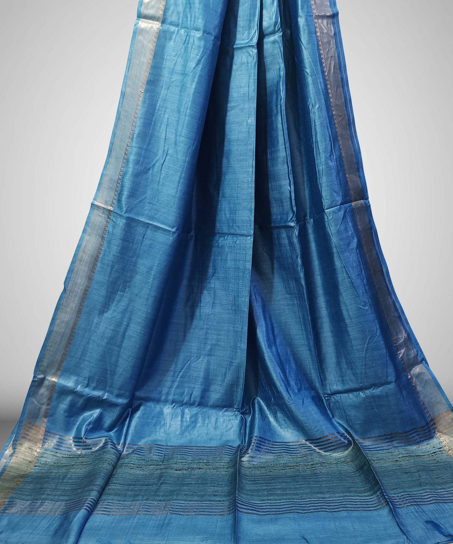 Sky Blue Handloom Tussar Moonga Silk Saree with Antique Gold Temple Zari Border