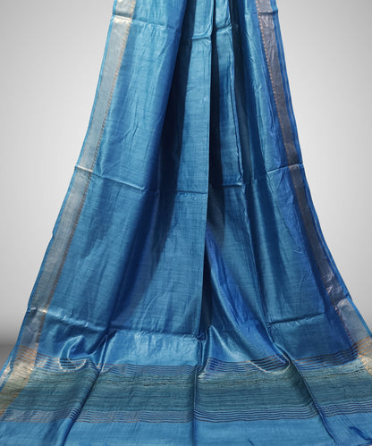 Sky Blue Handloom Tussar Moonga Silk Saree with Antique Gold Temple Zari Border