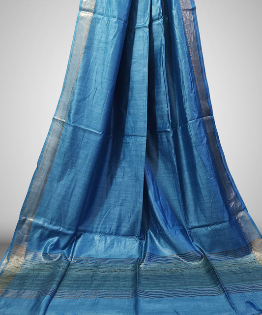 Sky Blue Handloom Tussar Moonga Silk Saree with Antique Gold Temple Zari Border
