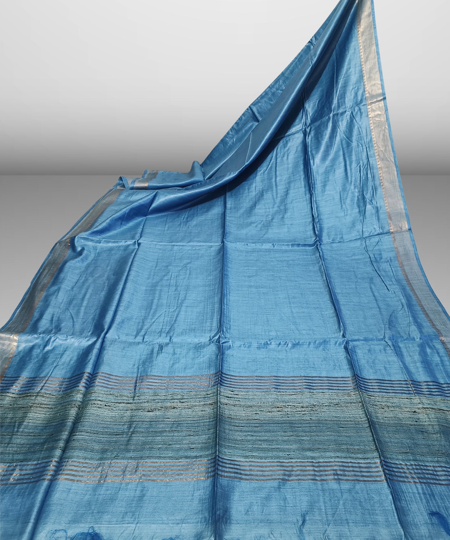 Sky Blue Handloom Tussar Moonga Silk Saree with Antique Gold Temple Zari Border