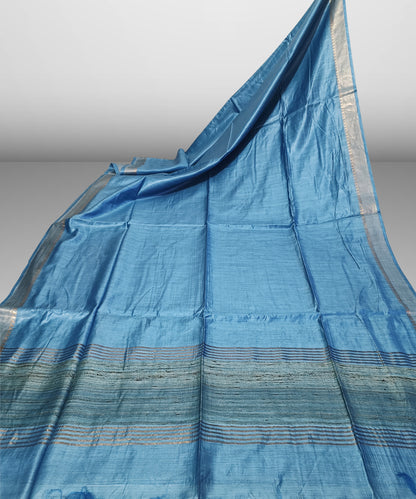 Sky Blue Handloom Tussar Moonga Silk Saree with Antique Gold Temple Zari Border