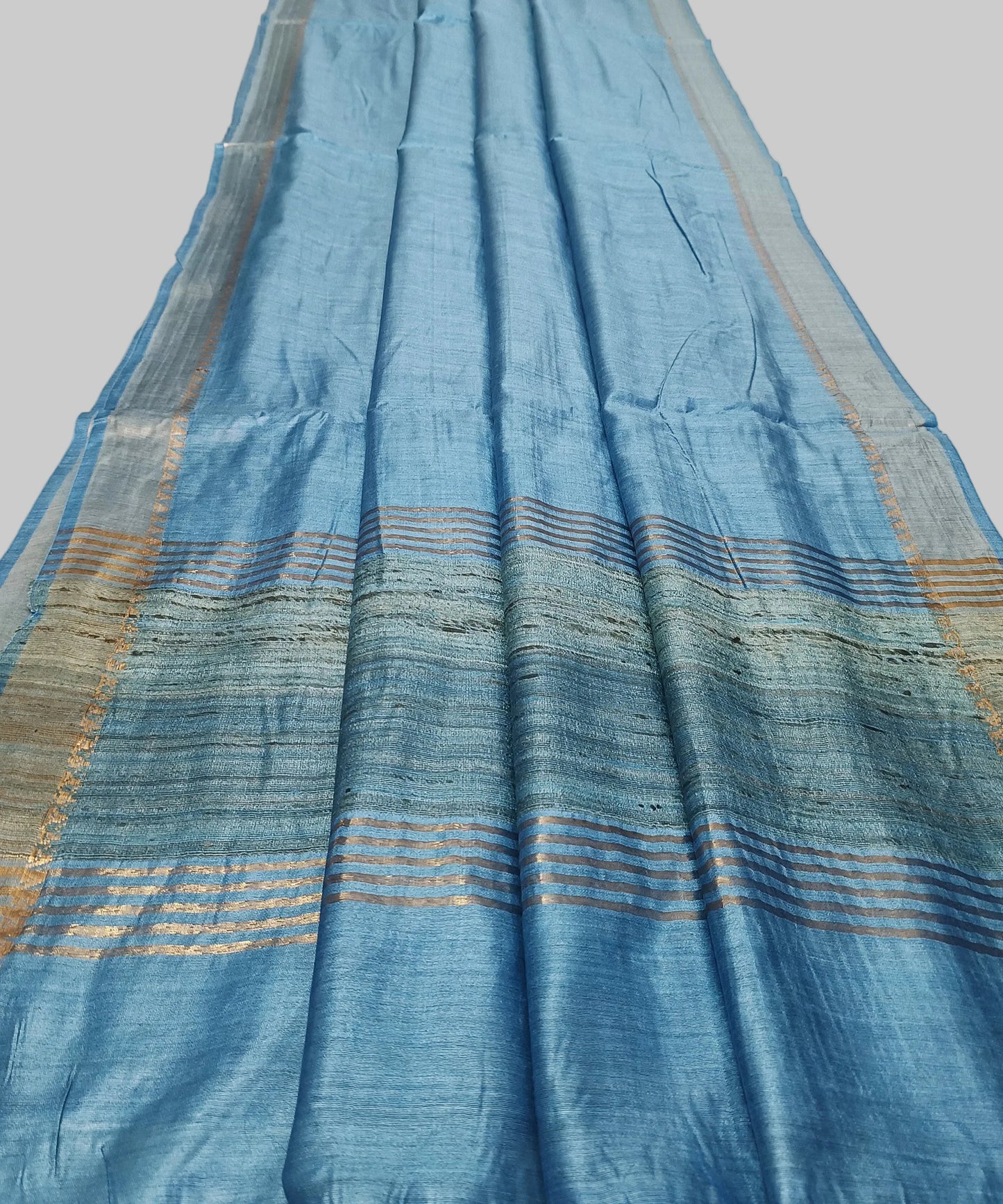 Sky Blue Handloom Tussar Moonga Silk Saree with Antique Gold Temple Zari Border