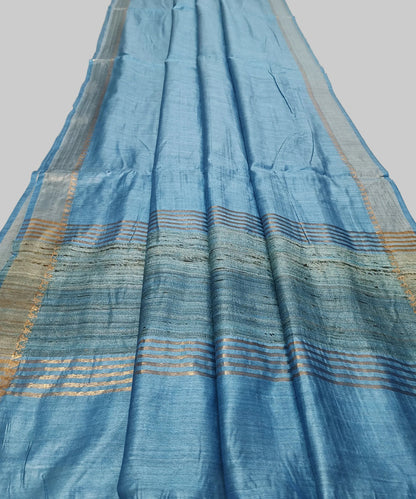 Sky Blue Handloom Tussar Moonga Silk Saree with Antique Gold Temple Zari Border