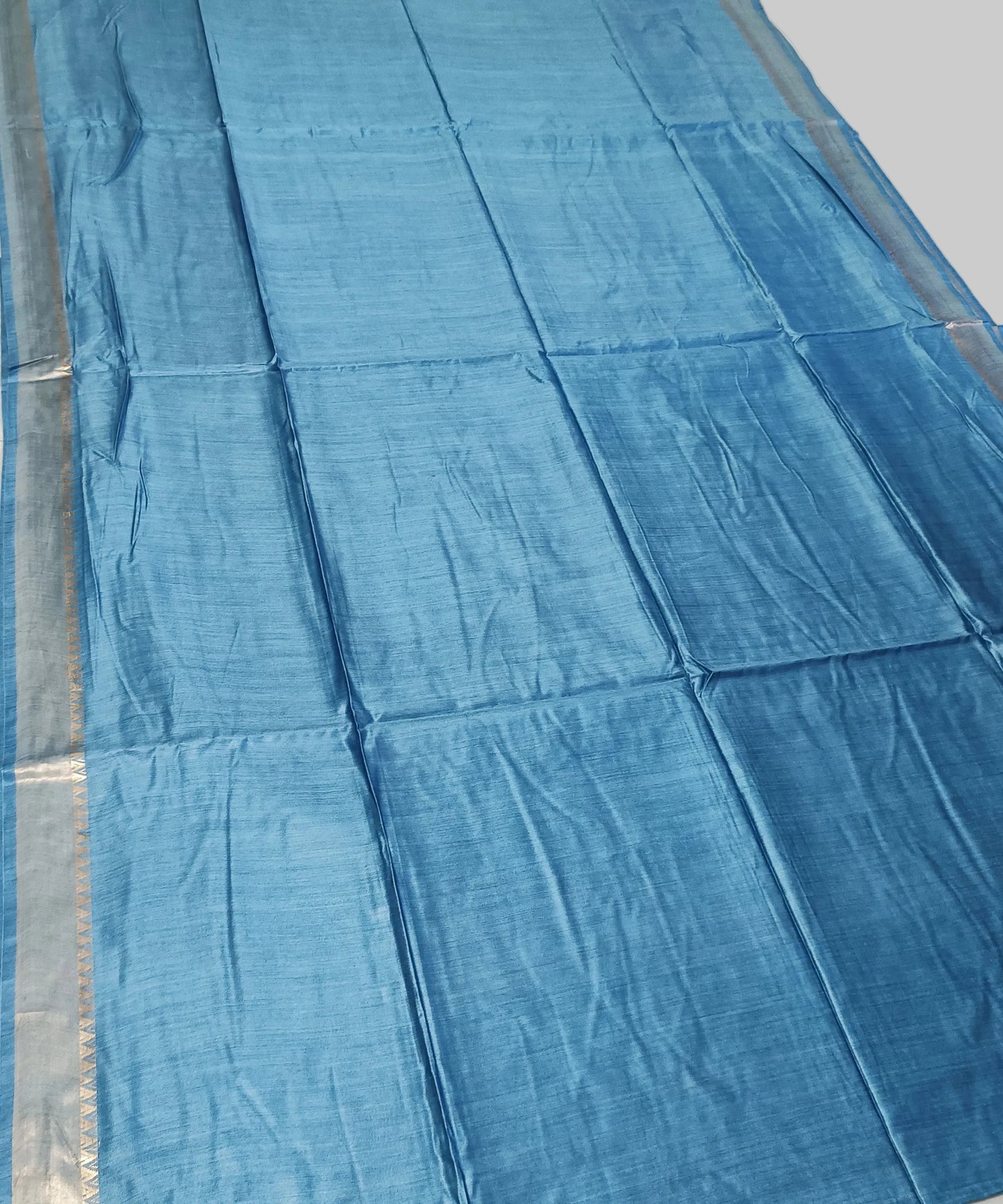 Sky Blue Handloom Tussar Moonga Silk Saree with Antique Gold Temple Zari Border