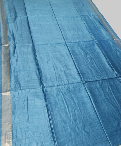 Sky Blue Handloom Tussar Moonga Silk Saree with Antique Gold Temple Zari Border
